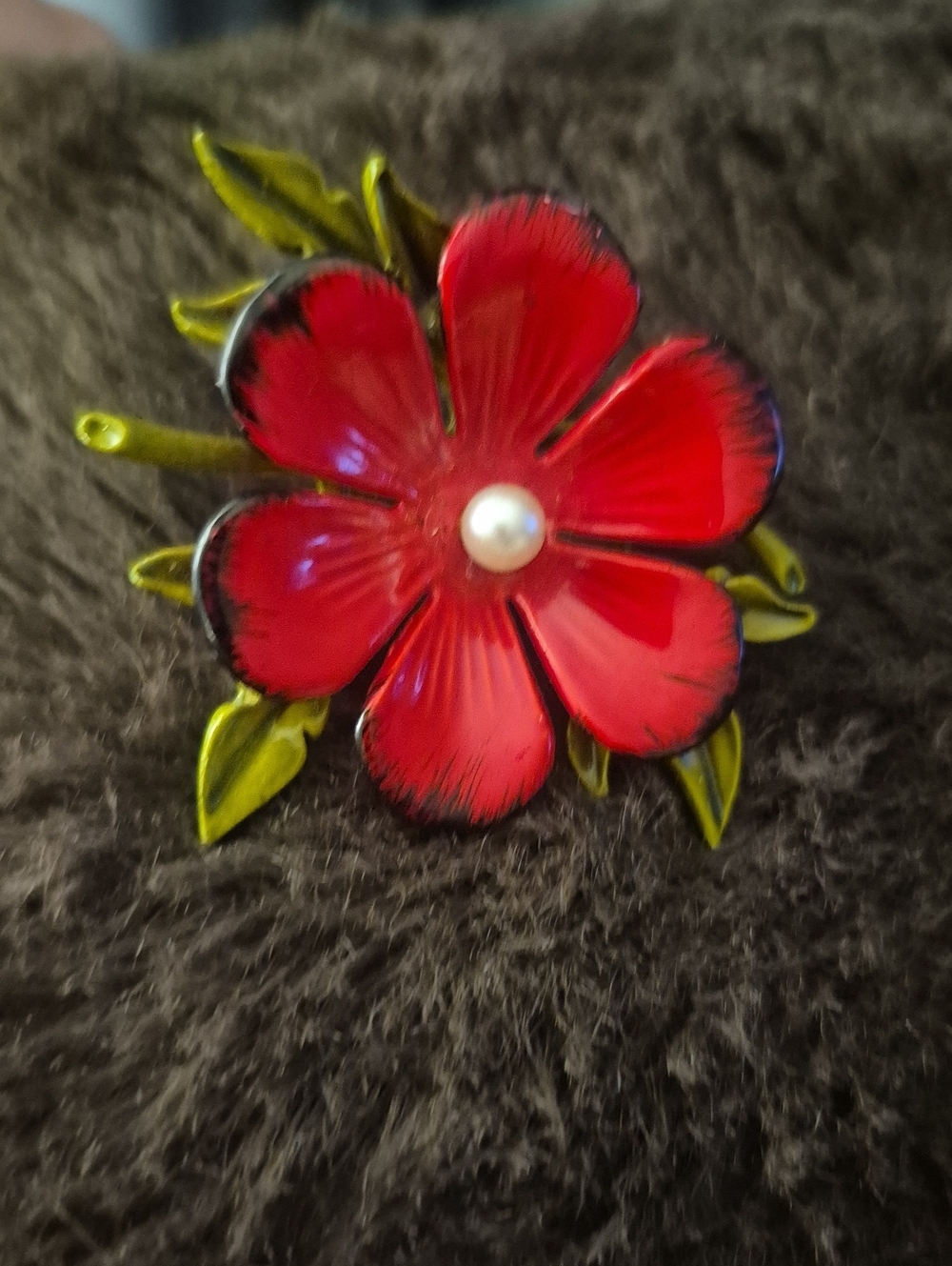 Vintage Red Flower Enamel Brooch with Pearl Accent Possibly Unsigned Coro